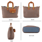 3 Piece Genuine Leather Woven Tote Bag Set - Blue & Brown_8544783_4