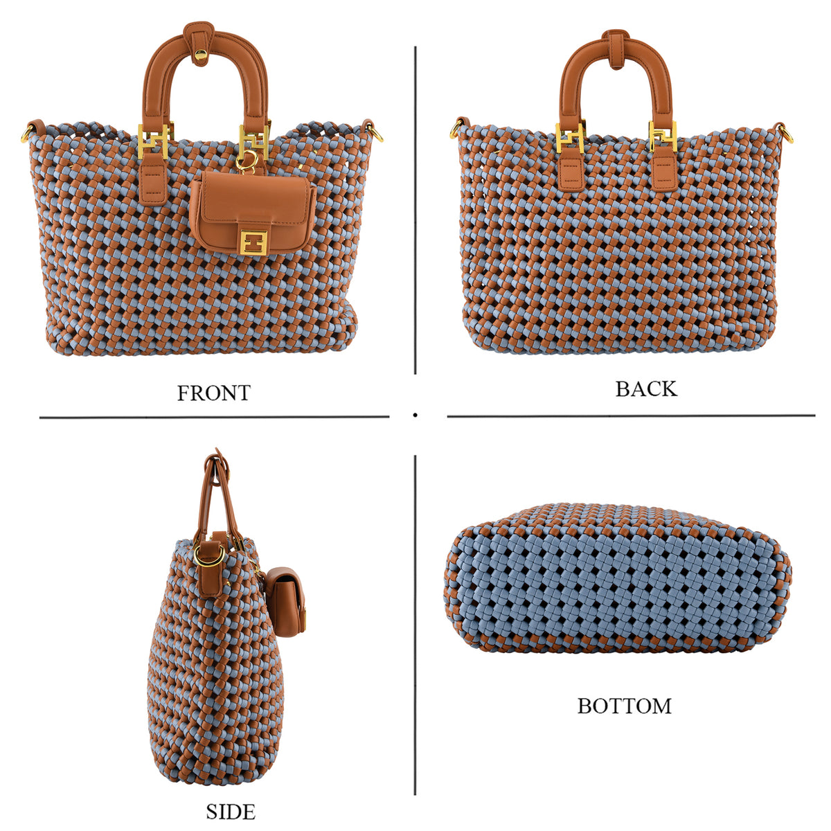 3 Piece Genuine Leather Woven Tote Bag Set - Blue &amp; Brown V32517733 4