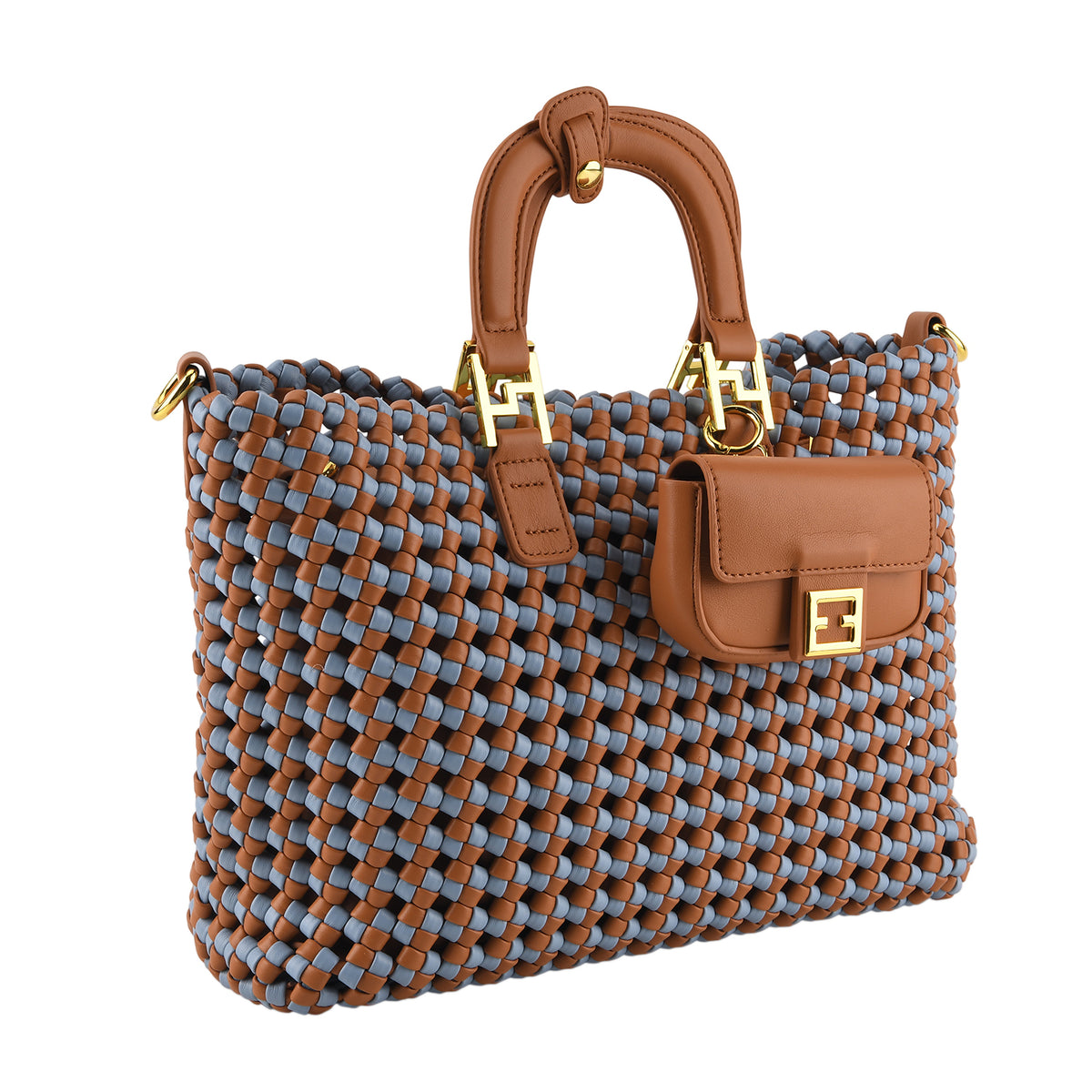 3 Piece Genuine Leather Woven Tote Bag Set - Blue &amp; Brown V32517733 6