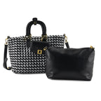 3 Piece Genuine Leather Woven Tote Bag Set - Black & Silver_8544794