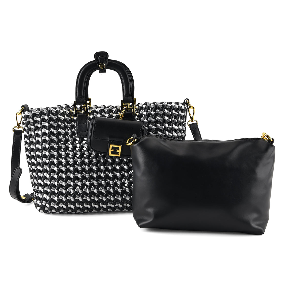 3 Piece Faux Leather Woven Tote Bag Set - Black &amp; Silver V32703037 0