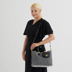 3 Piece Genuine Leather Woven Tote Bag Set - Black & Silver_8544794_2