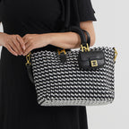 3 Piece Genuine Leather Woven Tote Bag Set - Black & Silver_8544794_3
