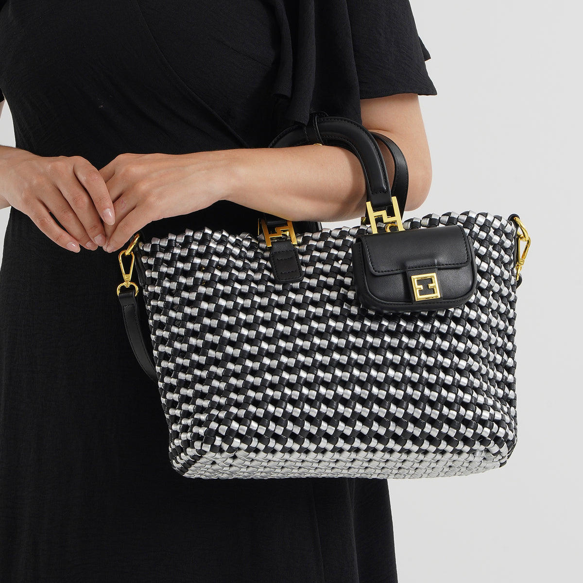 3 Piece Faux Leather Woven Tote Bag Set - Black &amp; Silver V32703037 3