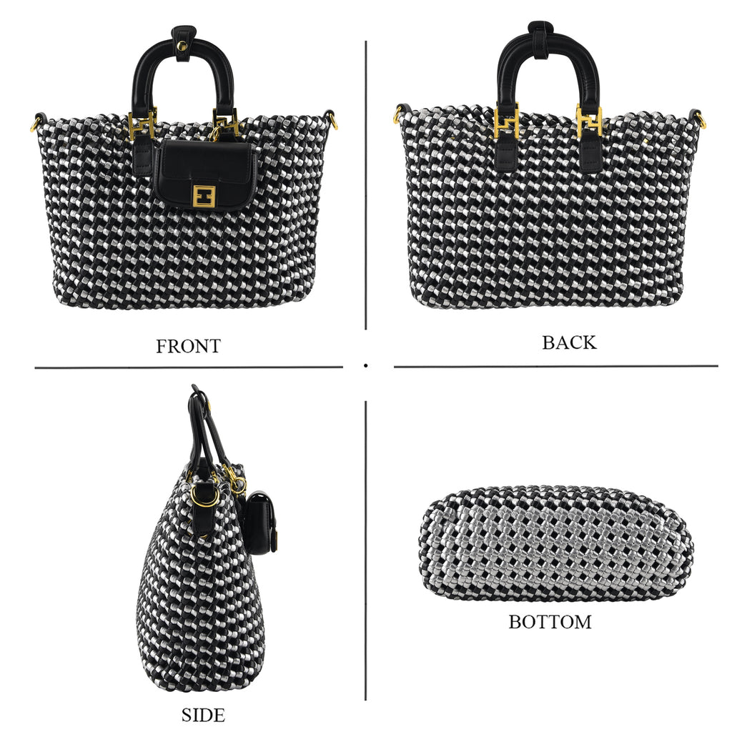3 Piece Genuine Leather Woven Tote Bag Set - Black & Silver_8544794_4