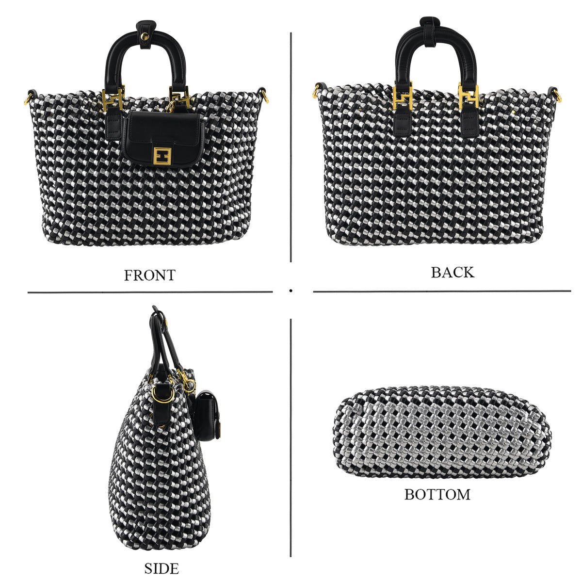 3 Piece Faux Leather Woven Tote Bag Set - Black &amp; Silver V32703037 4