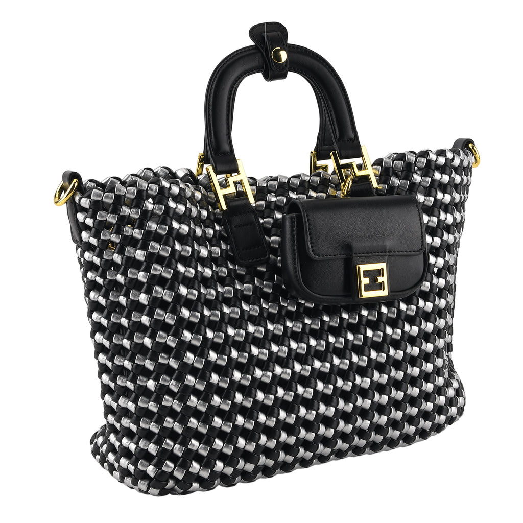 3 Piece Genuine Leather Woven Tote Bag Set - Black & Silver_8544794_6