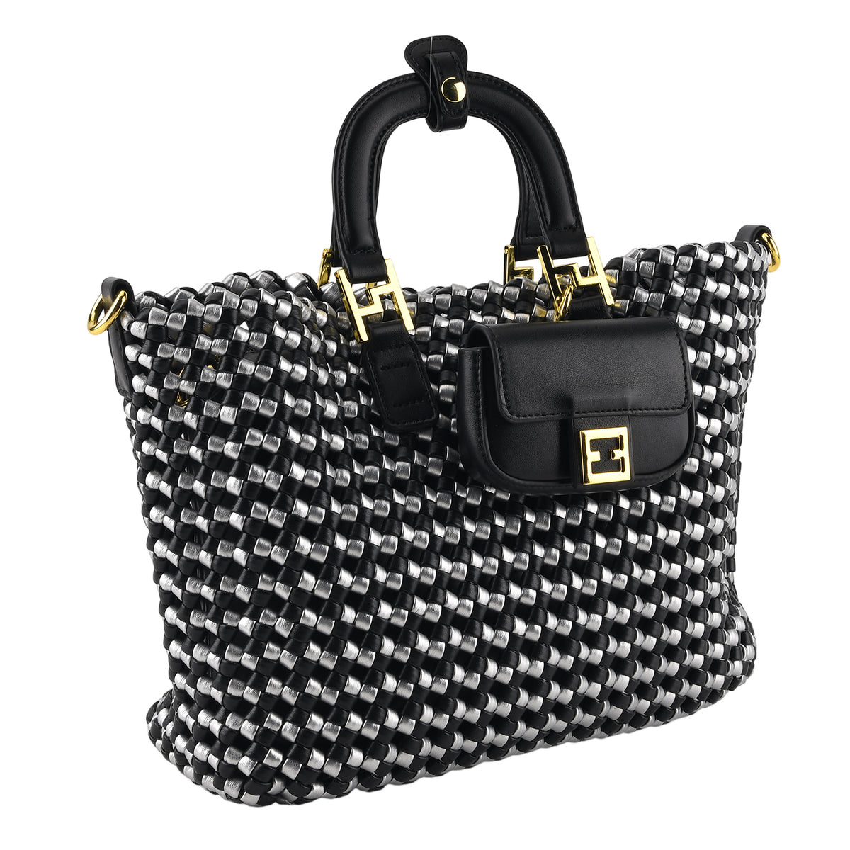 3 Piece Faux Leather Woven Tote Bag Set - Black &amp; Silver V32703037 6