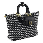 3 Piece Genuine Leather Woven Tote Bag Set - Black & Silver_8544794_6