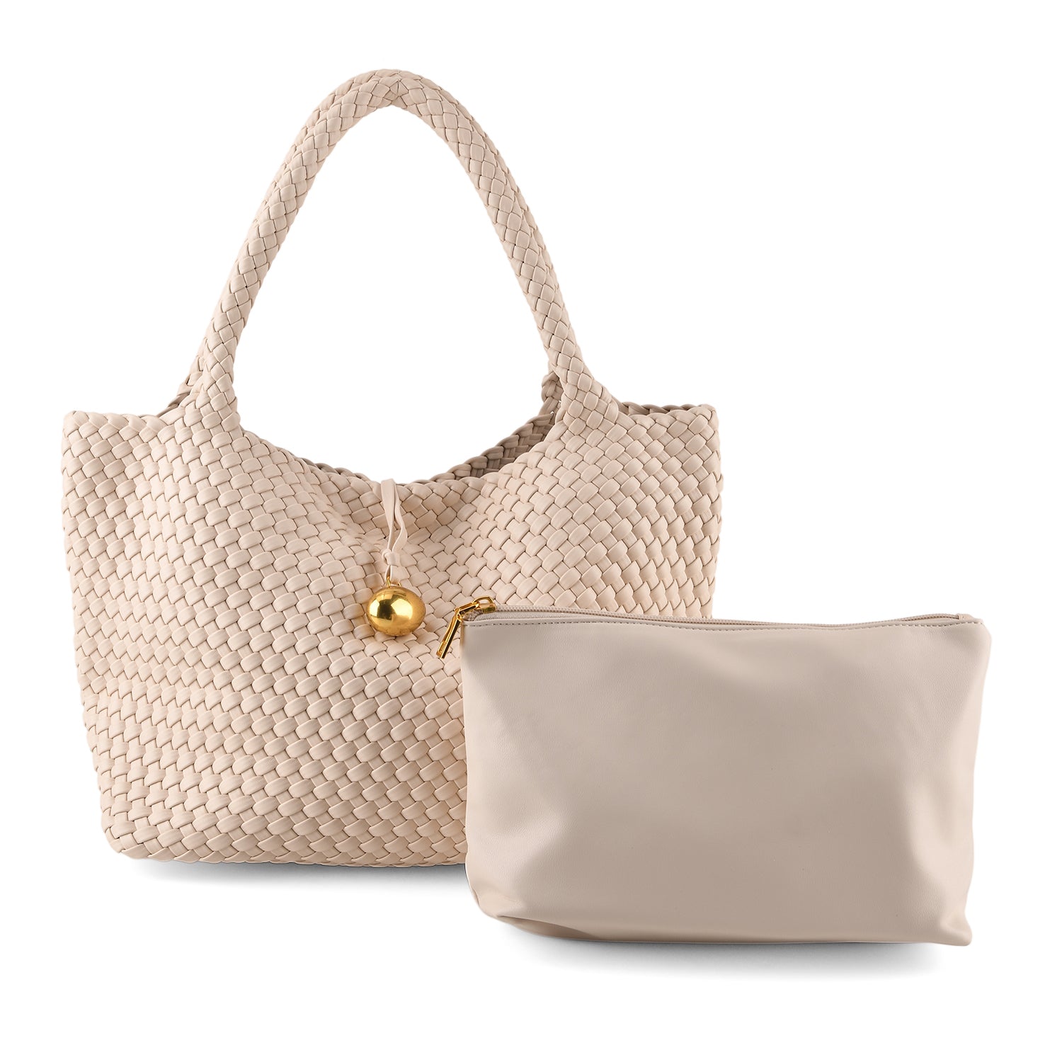 2 Piece Genuine Leather Woven Tote Bag with Matching Removable Zip Pouch - Off White V32512675 0