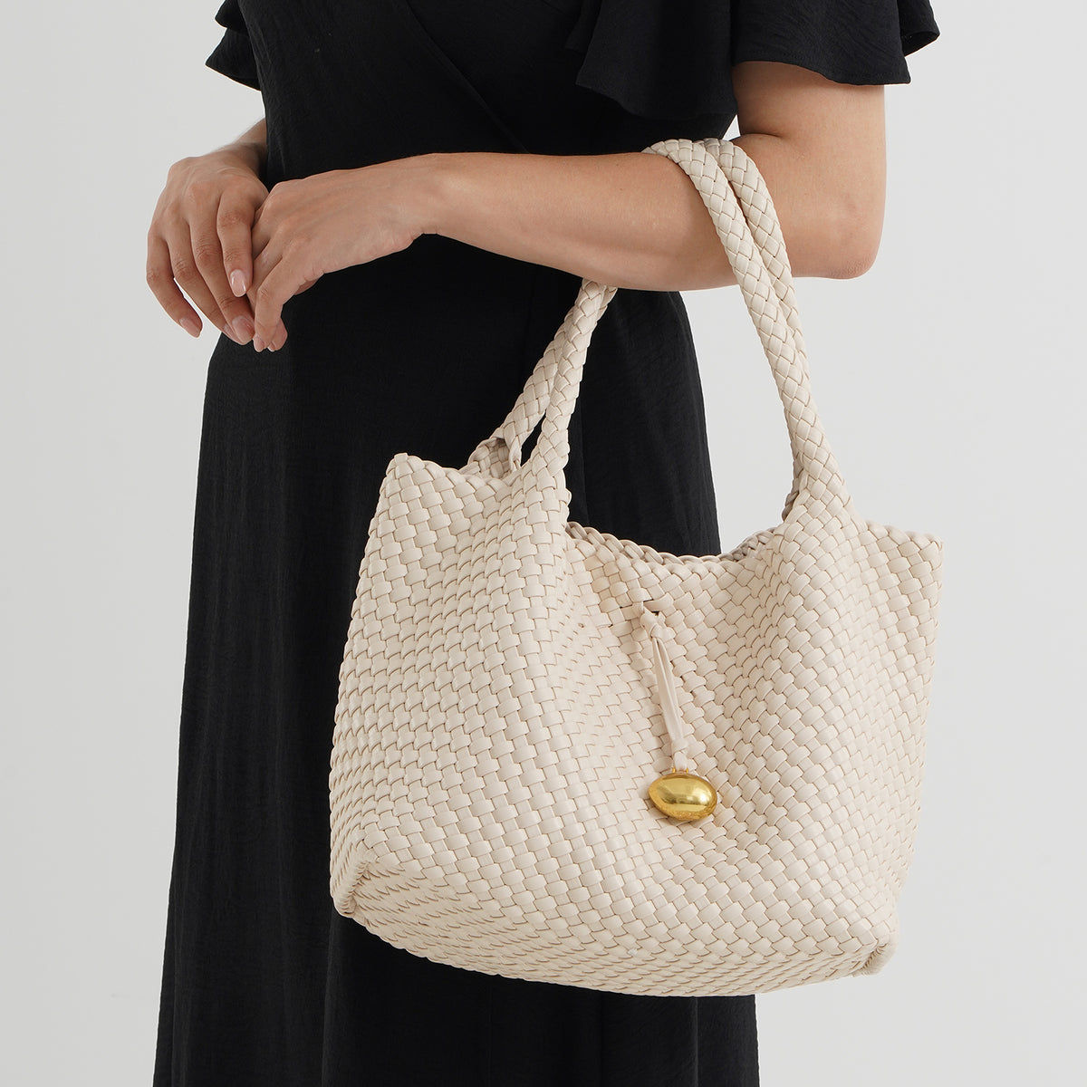 2 Piece Genuine Leather Woven Tote Bag with Matching Removable Zip Pouch - Off White V32512675 3