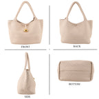 2 Piece Genuine Leather Woven Tote Bag with Matching Removable Zip Pouch - Off White_8544833_4