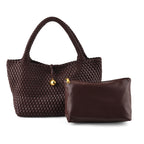 2 Piece Genuine Leather Woven Tote Bag with Matching Removable Zip Pouch - Dark Brown_8544859