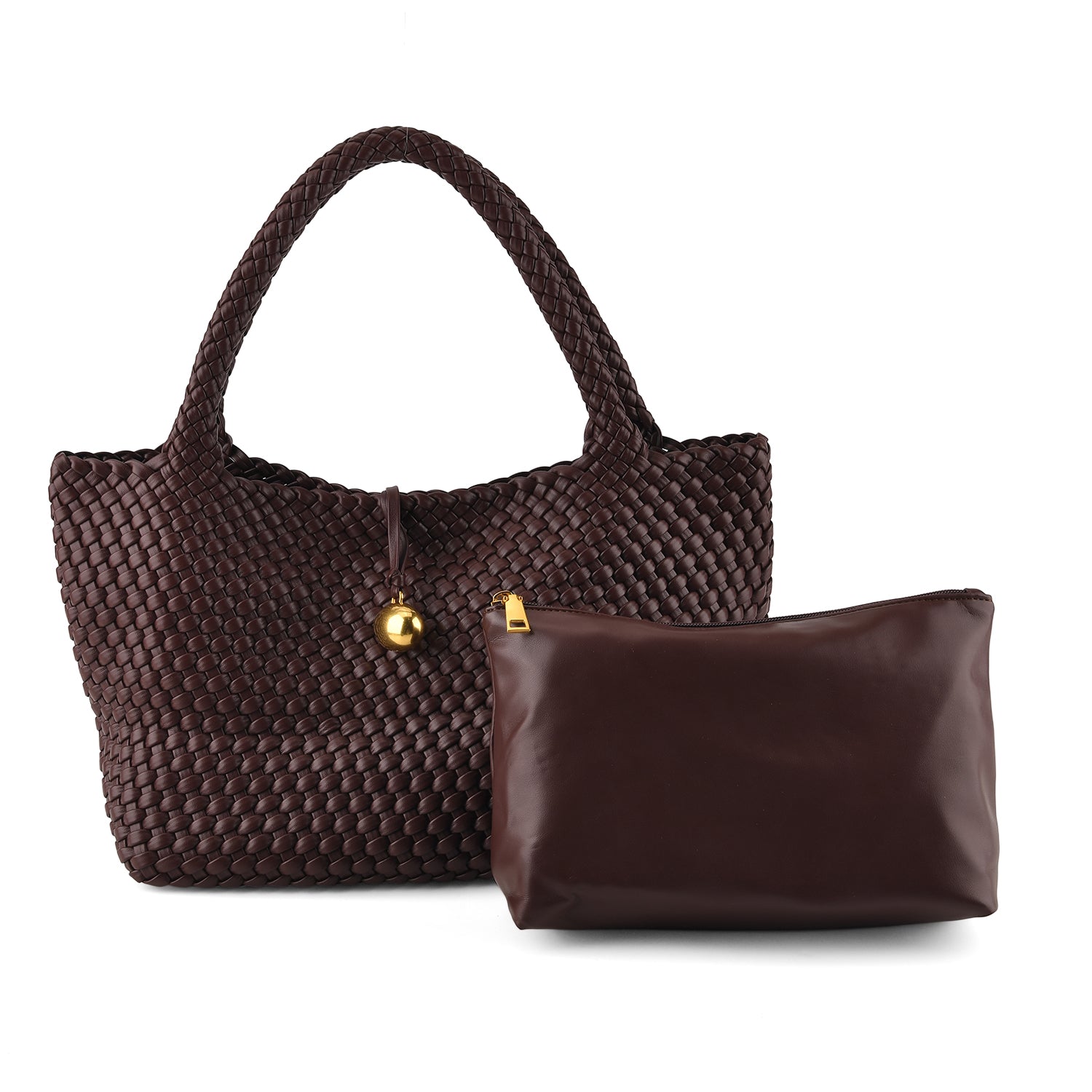 2 Piece Genuine Leather Woven Tote Bag with Matching Removable Zip Pouch - Dark Brown V32512585 0