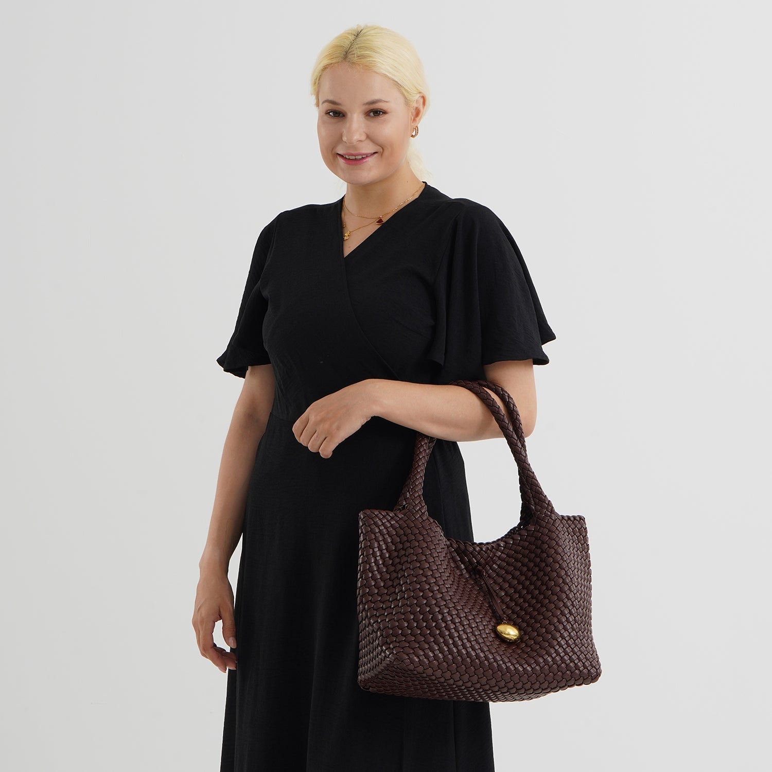 2 Piece Genuine Leather Woven Tote Bag with Matching Removable Zip Pouch - Dark Brown V32512585 2