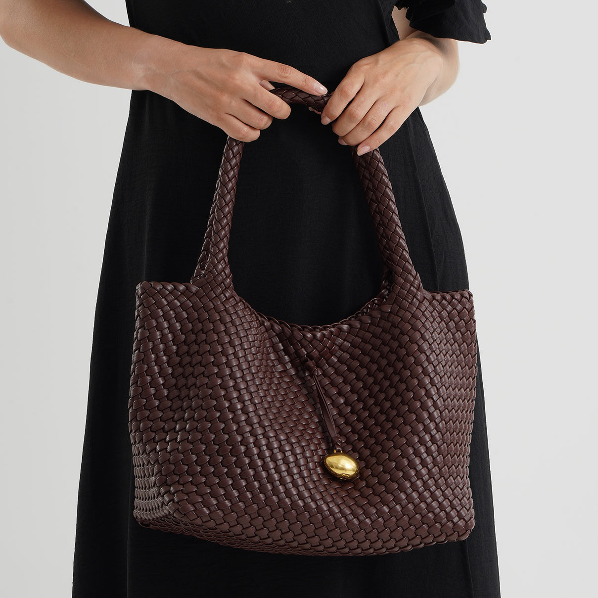 2 Piece Genuine Leather Woven Tote Bag with Matching Removable Zip Pouch - Dark Brown V32512585 3