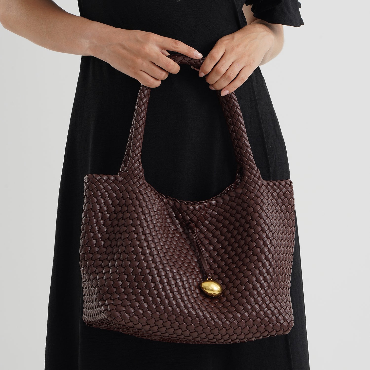 2 Piece Genuine Leather Woven Tote Bag with Matching Removable Zip Pouch - Dark Brown V32512585 3