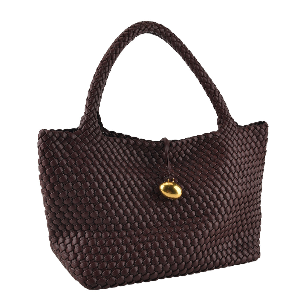2 Piece Genuine Leather Woven Tote Bag with Matching Removable Zip Pouch - Dark Brown_8544859_6