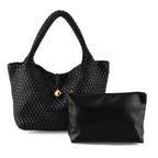 2 Piece Genuine Leather Woven Tote Bag with Matching Removable Zip Pouch - Black_8544860