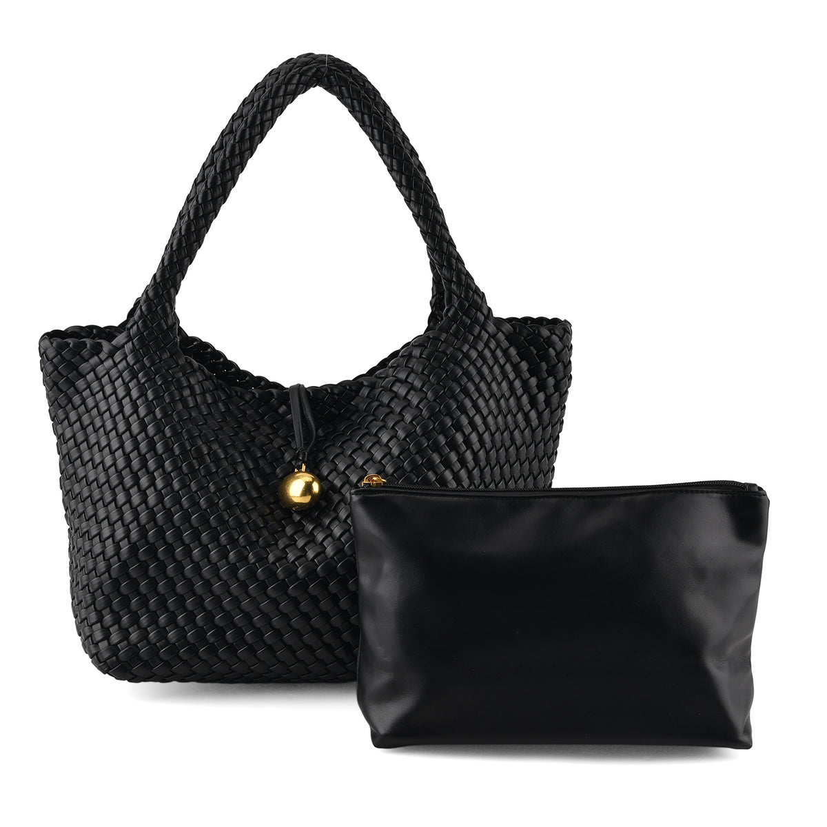 2 Piece Genuine Leather Woven Tote Bag with Matching Removable Zip Pouch - Black V32512455 0