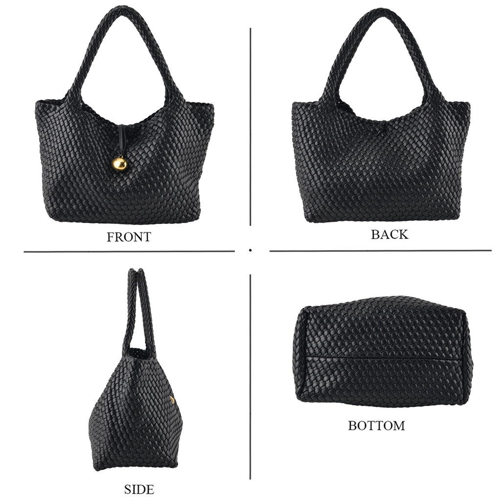 2 Piece Genuine Leather Woven Tote Bag with Matching Removable Zip Pouch - Black_8544860_4