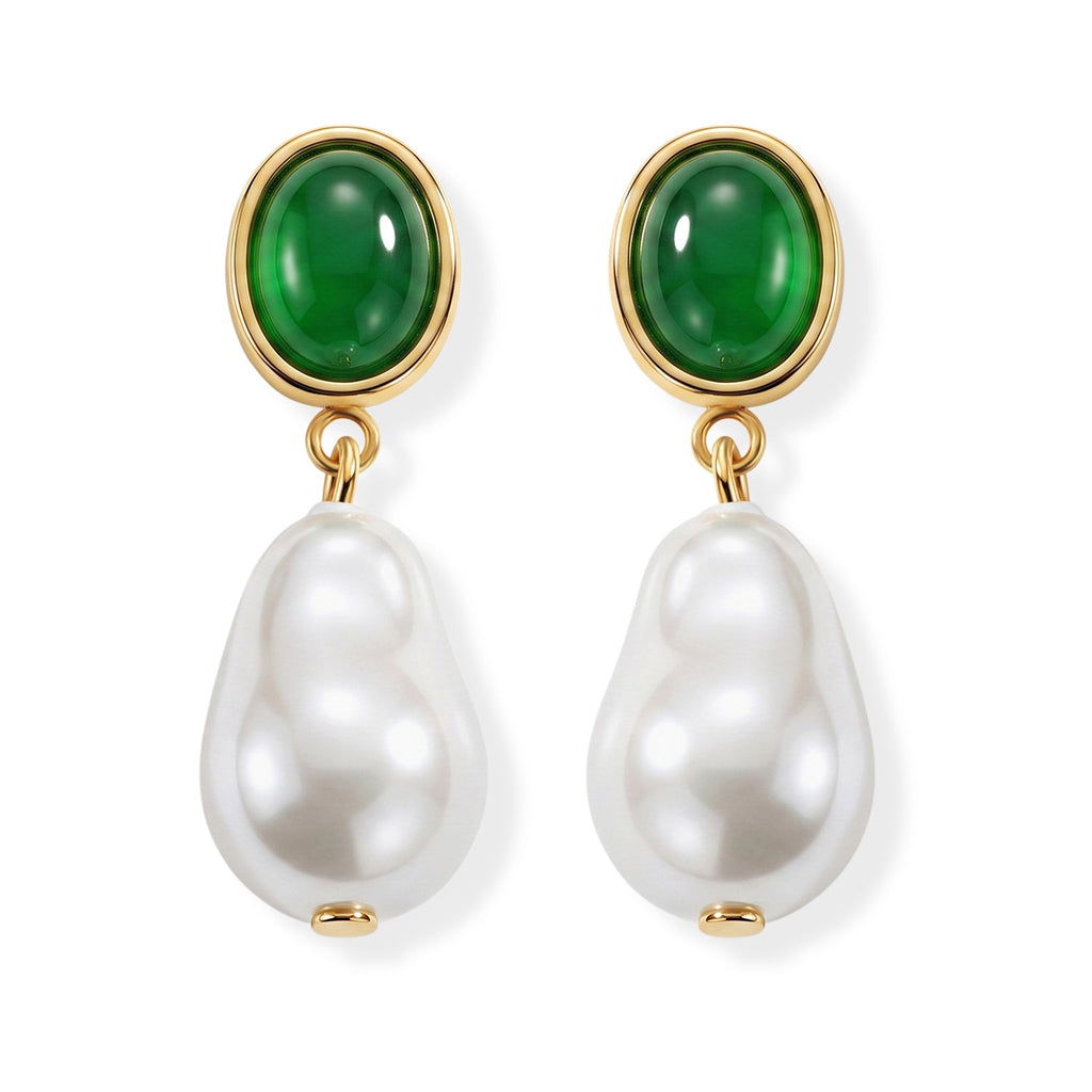 Green Onyx & White Shell Pearl Beads Drop Earring with Push Back 40.00 Ct.