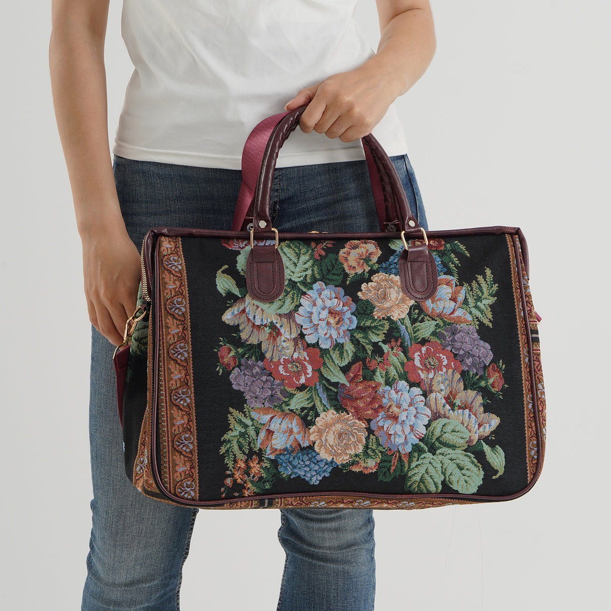 Designer Inspired Women's Floral Print Travel Handbag - Black &amp; Multicolour 8545222 3