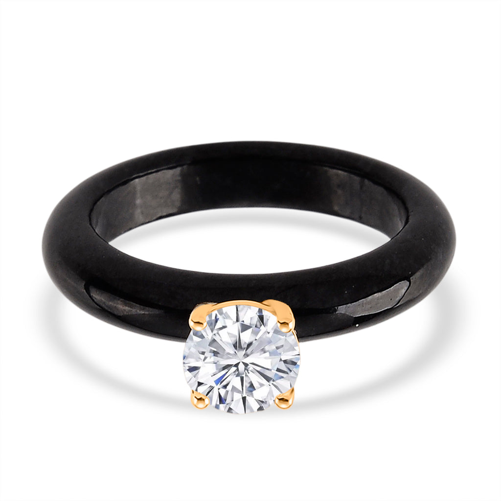 9K Yellow Gold Natural Boots Black Jadeite & Lab Grown Diamond (SI/G-H 1.00 Ct) Solitaire Band Ring 16.50 Ct_8545234