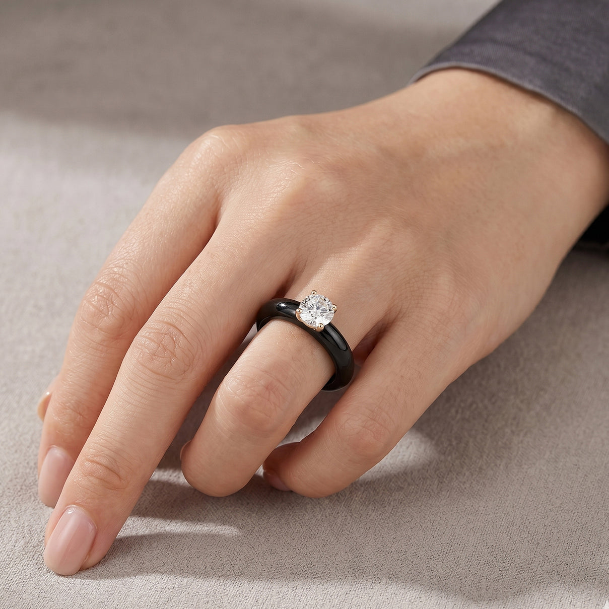 9K Yellow Gold Natural Boots Black Jadeite &amp; Lab Grown Diamond (SI/G-H 1.00 Ct) Solitaire Band Ring 16.50 Ct 8545234 2