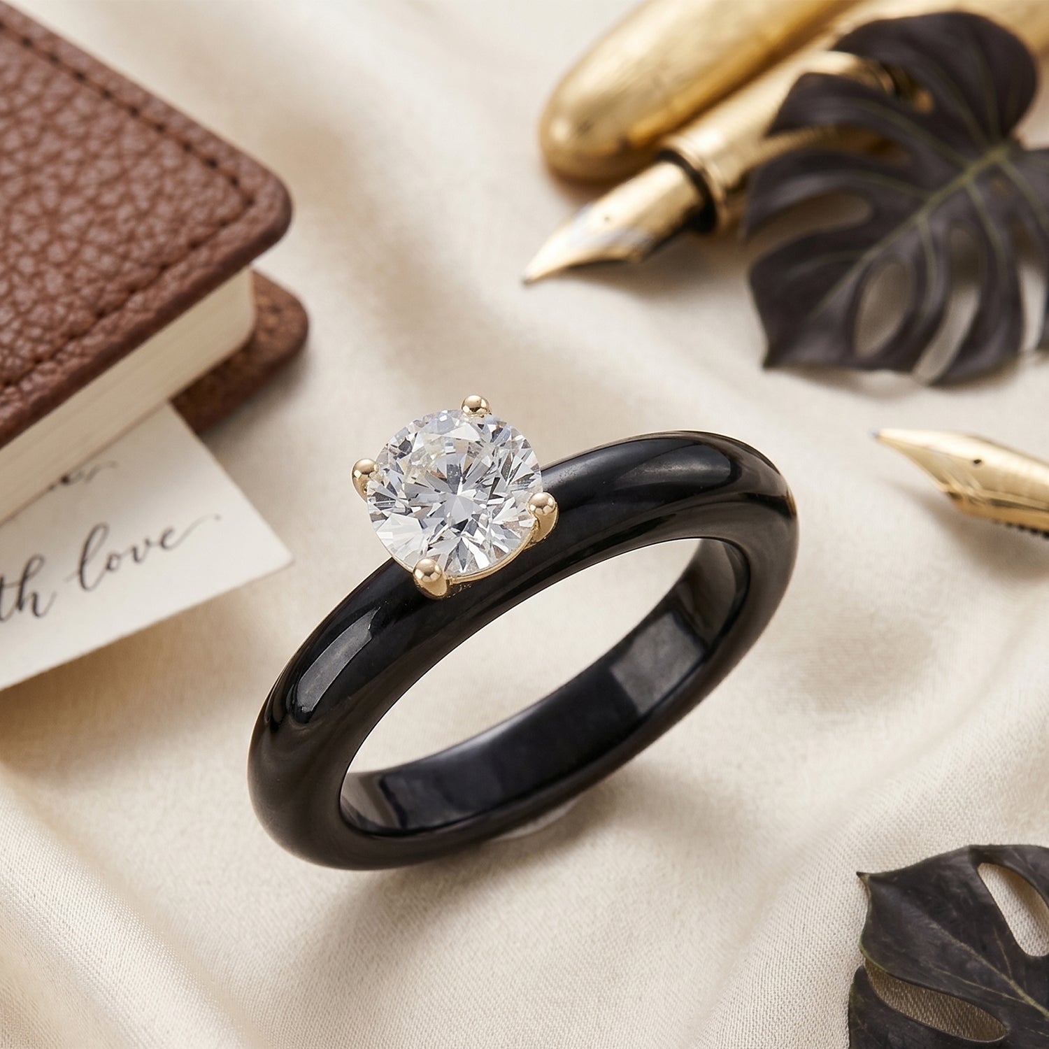 9K Yellow Gold Natural Boots Black Jadeite &amp; Lab Grown Diamond (SI/G-H 1.00 Ct) Solitaire Band Ring 16.50 Ct 8545234 3