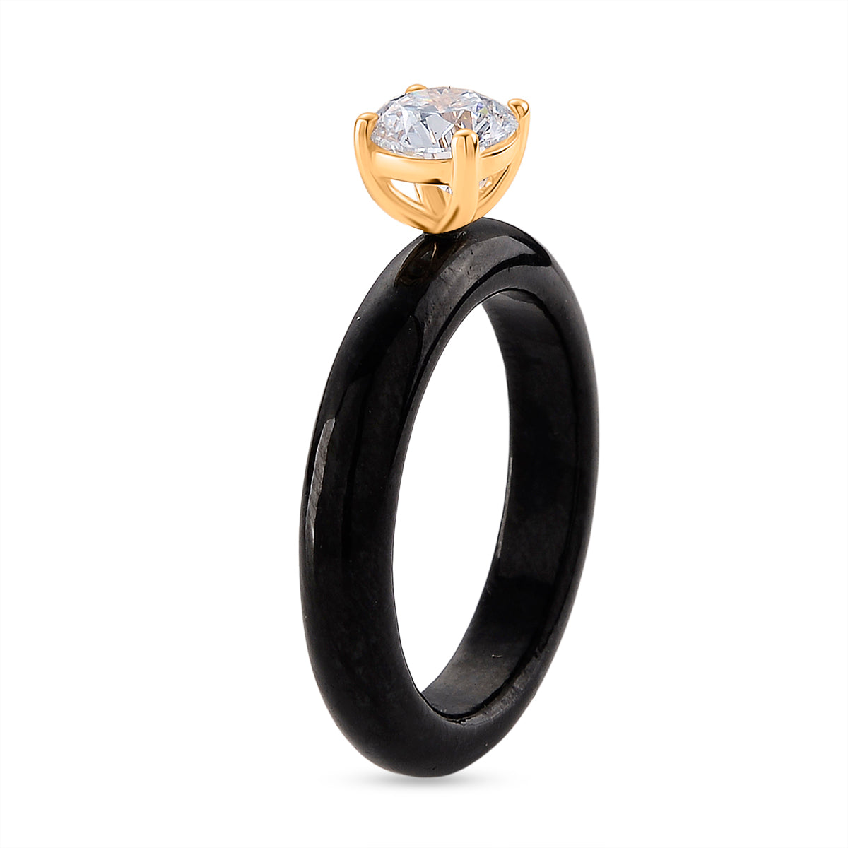 9K Yellow Gold Natural Boots Black Jadeite &amp; Lab Grown Diamond (SI/G-H 1.00 Ct) Solitaire Band Ring 16.50 Ct 8545234 4