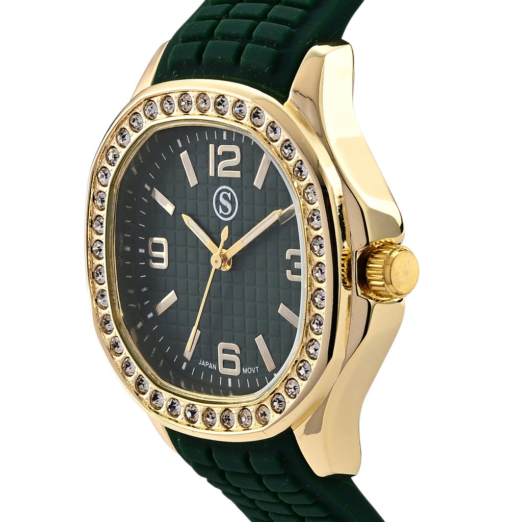 STRADA Classic PC21S Japan Movement Water Resistant Green Hydraulic Literal Dial & PNP Gold Plating Unisex Watch with Green Silicone Strap