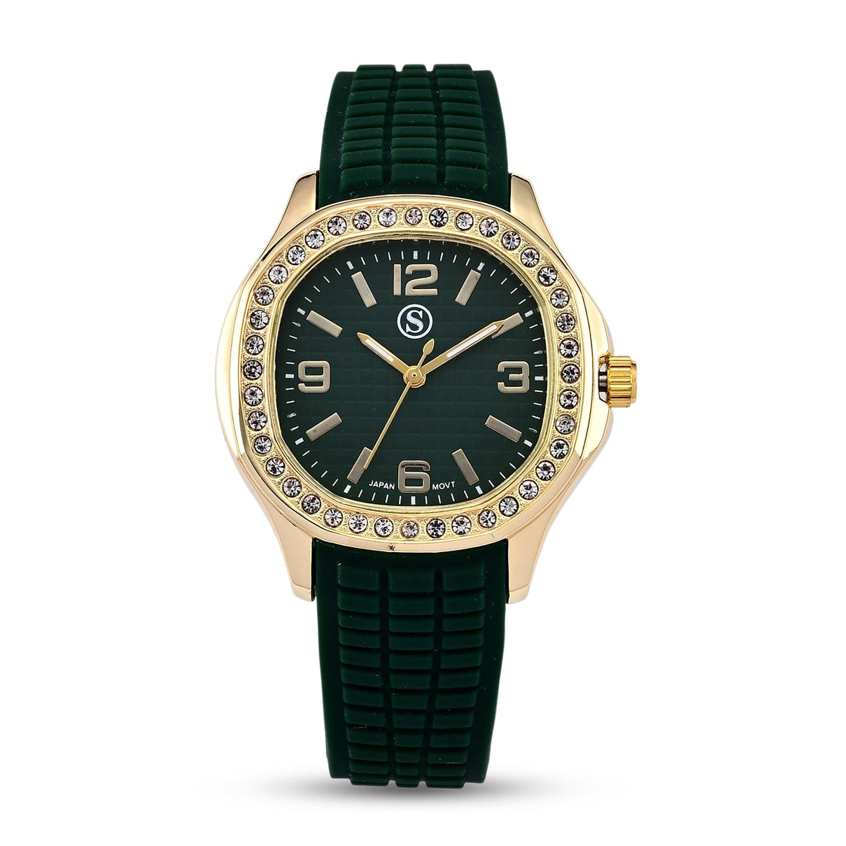 STRADA Classic PC21S Japan Movement Water Resistant Green Hydraulic Literal Dial &amp; PNP Gold Plating Unisex Watch with Green Silicone Strap V32367308 0