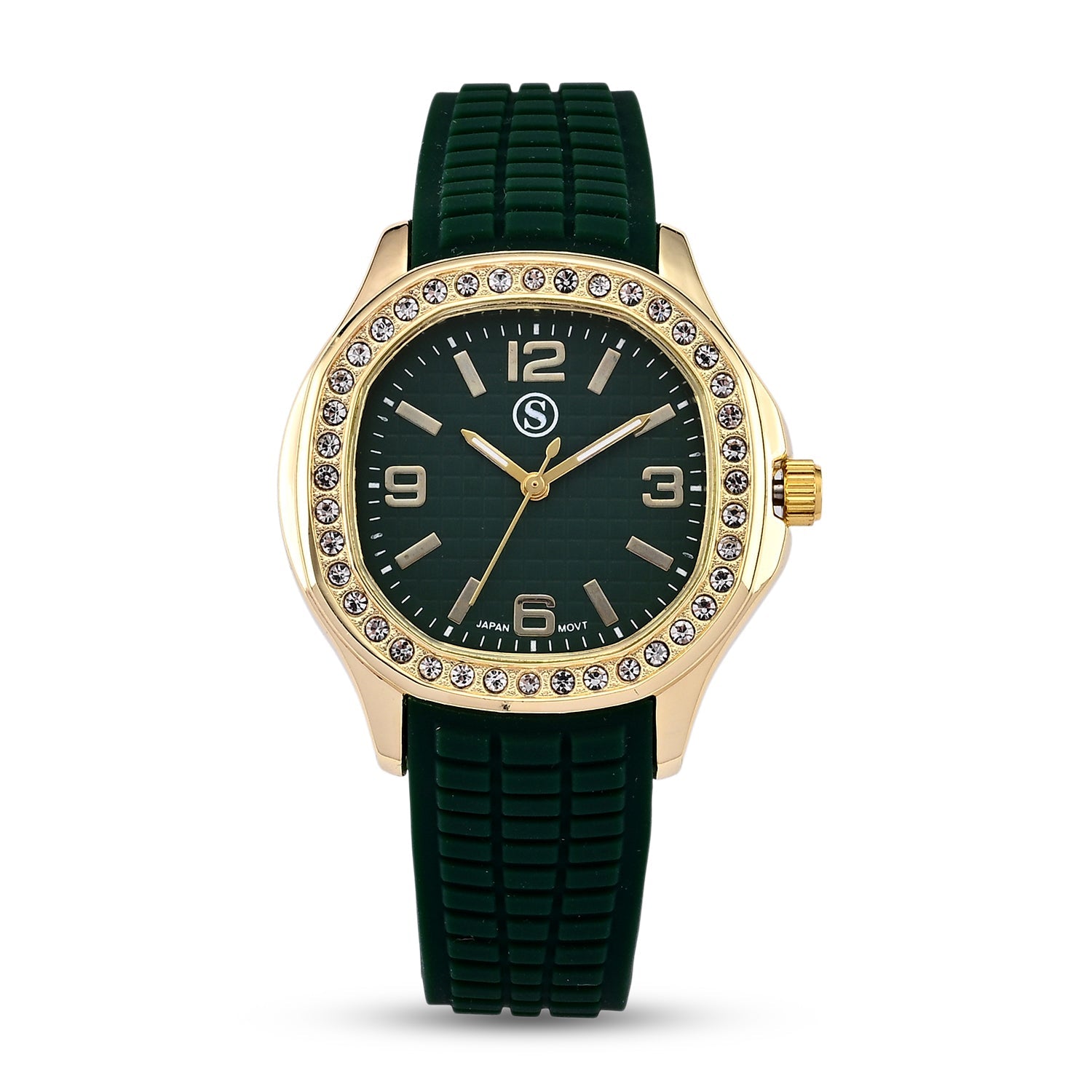 STRADA Classic PC21S Japan Movement Water Resistant Green Hydraulic Literal Dial &amp; PNP Gold Plating Unisex Watch with Green Silicone Strap V32367308 0
