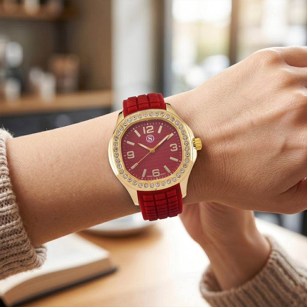 STRADA Classic PC21S Japan Movement Water Resistant Dark Red Hydraulic Literal Dial & PNP Gold Plating Unisex Watch with Dark Red Silicone Strap_8545396