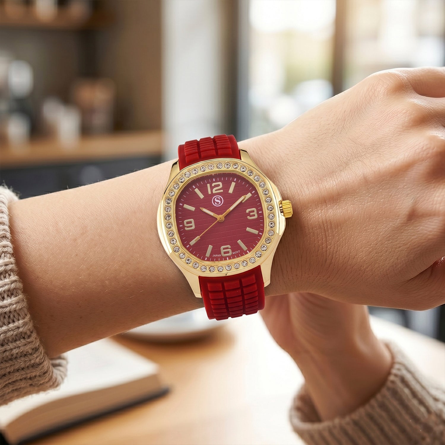 STRADA Classic PC21S Japan Movement Water Resistant Dark Red Hydraulic Literal Dial &amp; PNP Gold Plating Unisex Watch with Dark Red Silicone Strap V32492457 0
