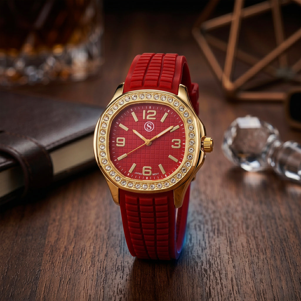 STRADA Classic PC21S Japan Movement Water Resistant Dark Red Hydraulic Literal Dial & PNP Gold Plating Unisex Watch with Dark Red Silicone Strap_8545396_2