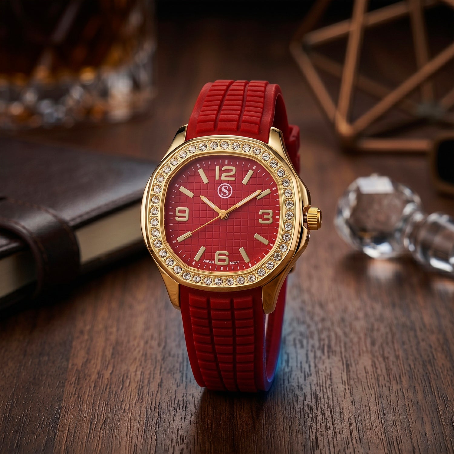 STRADA Classic PC21S Japan Movement Water Resistant Dark Red Hydraulic Literal Dial &amp; PNP Gold Plating Unisex Watch with Dark Red Silicone Strap V32492457 2