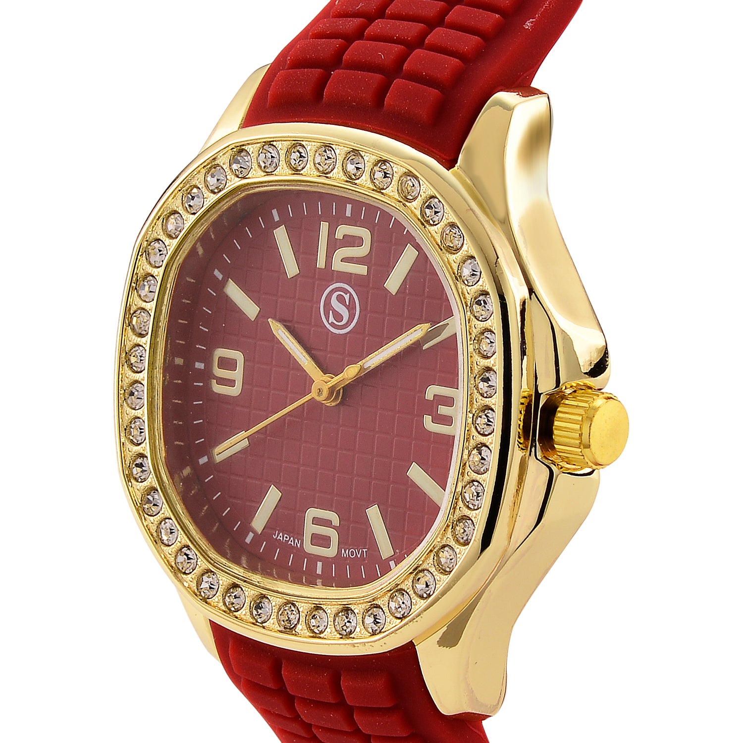 STRADA Classic PC21S Japan Movement Water Resistant Dark Red Hydraulic Literal Dial &amp; PNP Gold Plating Unisex Watch with Dark Red Silicone Strap V32492457 3