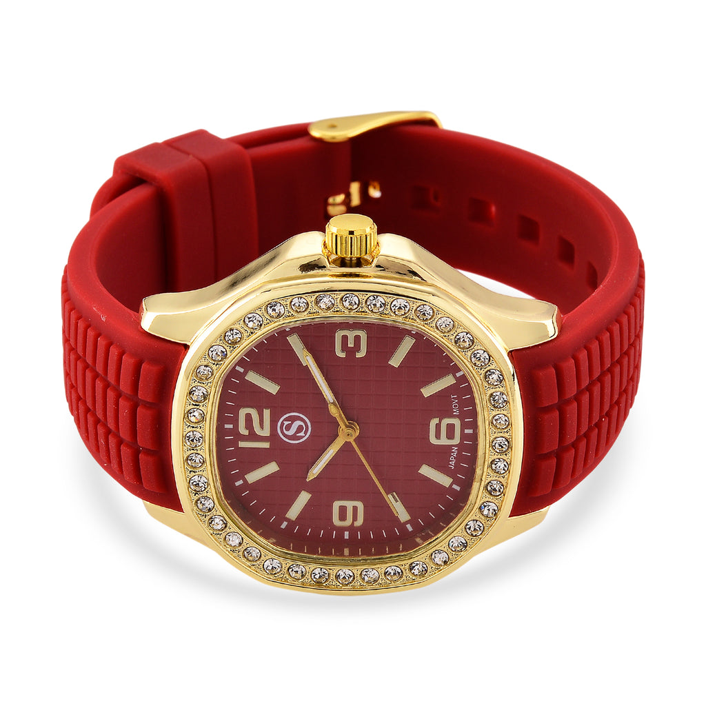 STRADA Classic PC21S Japan Movement Water Resistant Dark Red Hydraulic Literal Dial & PNP Gold Plating Unisex Watch with Dark Red Silicone Strap_8545396_4