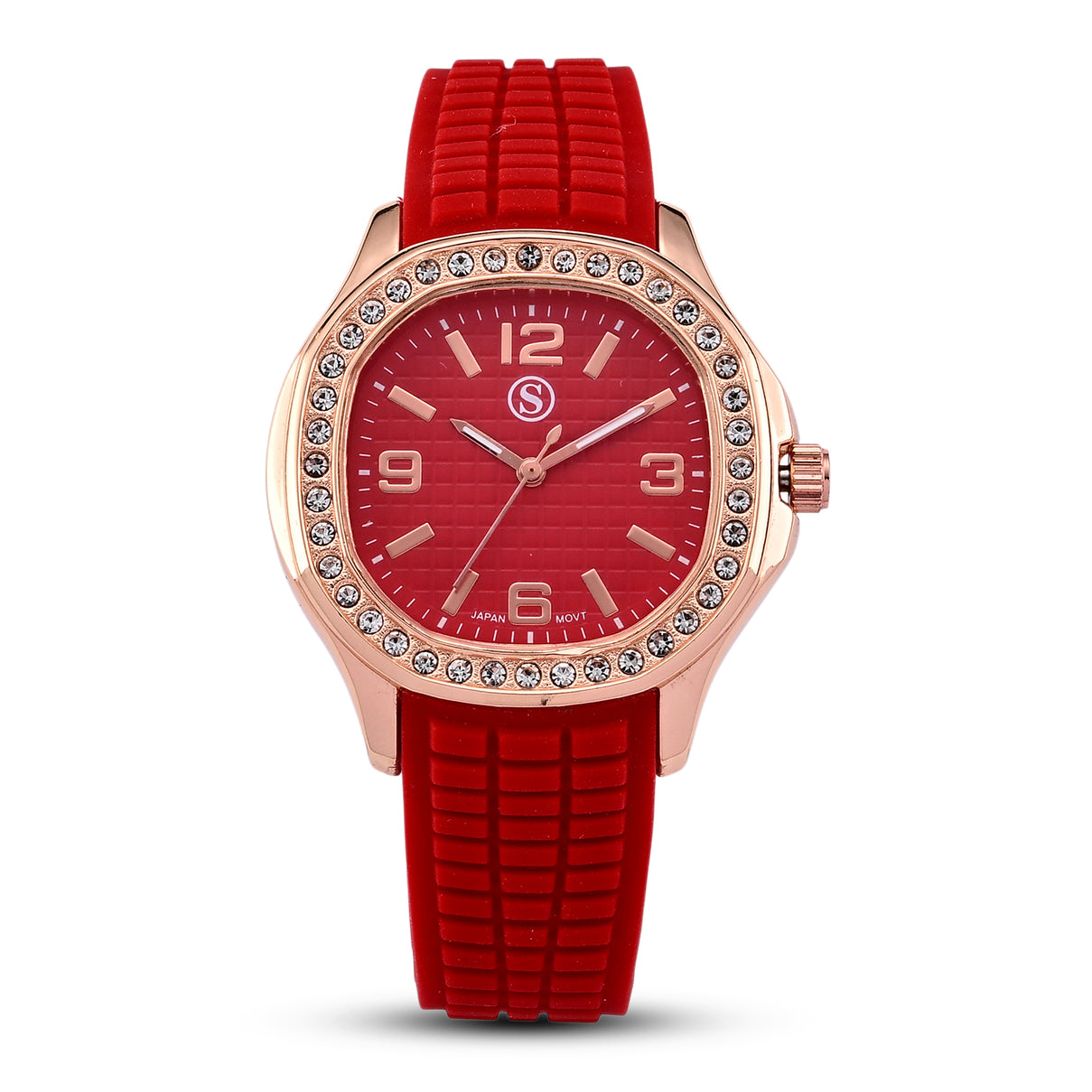 STRADA Classic PC21S Japan Movement Water Resistant Red Hydraulic Literal Dial &amp; PNP Rose Gold Plating Unisex Watch with Red Silicone Strap 8545397 0