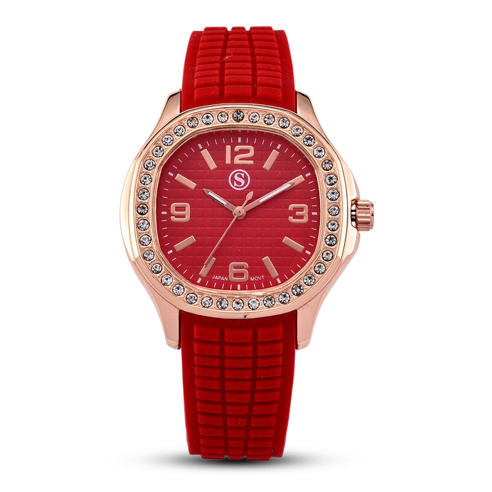 STRADA Classic PC21S Japan Movement Water Resistant Red Hydraulic Literal Dial &amp; PNP Rose Gold Plating Unisex Watch with Red Silicone Strap 8545397 1