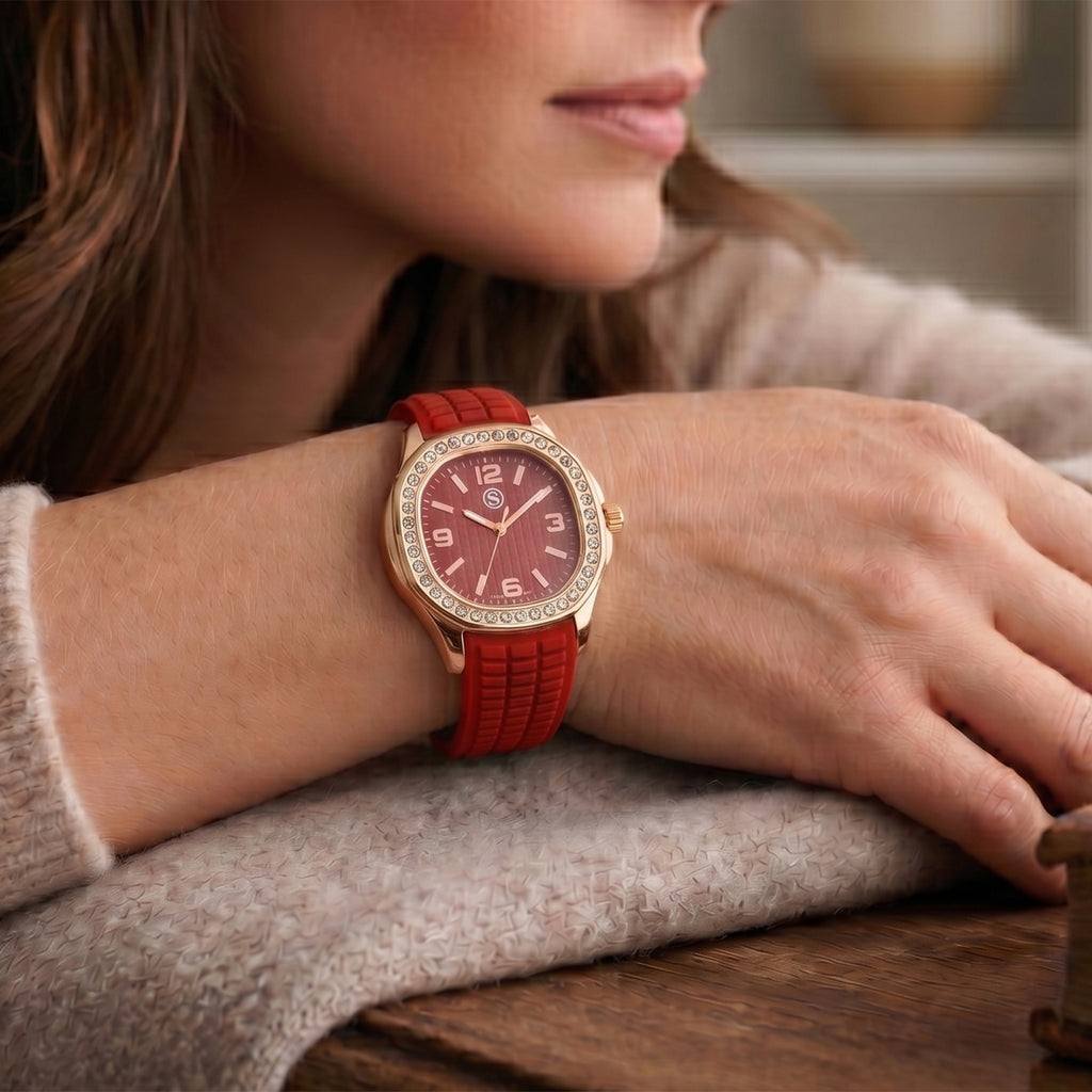 STRADA Classic PC21S Japan Movement Water Resistant Red Hydraulic Literal Dial & PNP Rose Gold Plating Unisex Watch with Red Silicone Strap_8545397_1