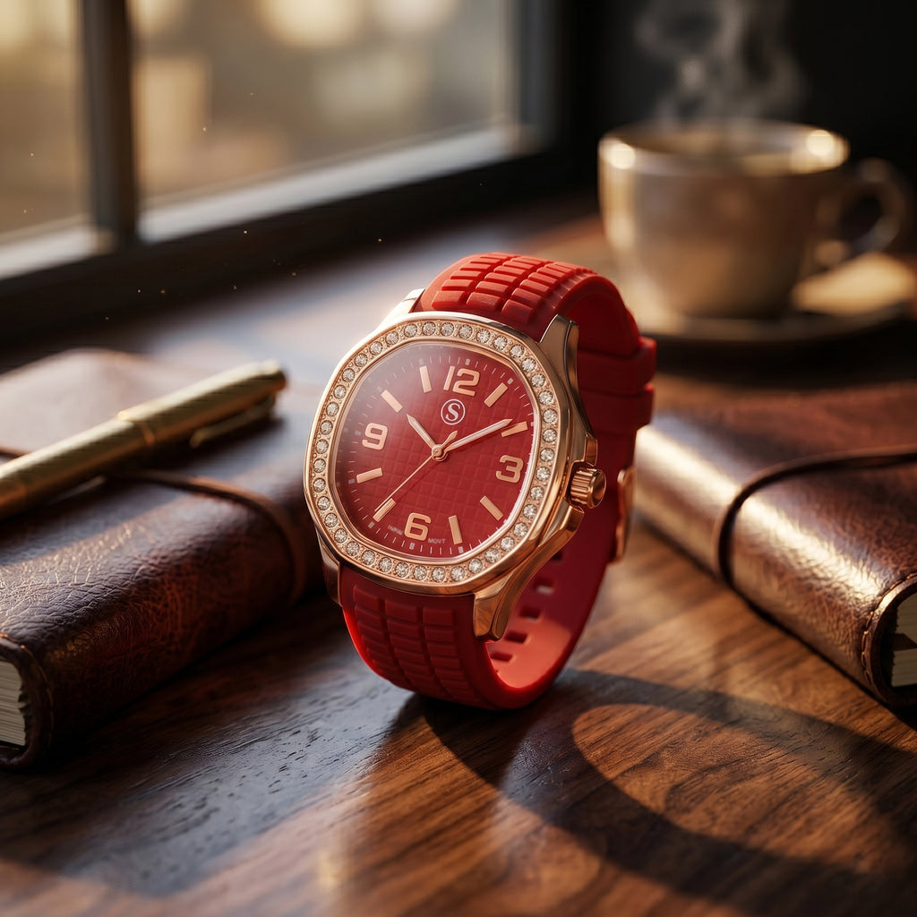 STRADA Classic PC21S Japan Movement Water Resistant Red Hydraulic Literal Dial & PNP Rose Gold Plating Unisex Watch with Red Silicone Strap_8545397_2