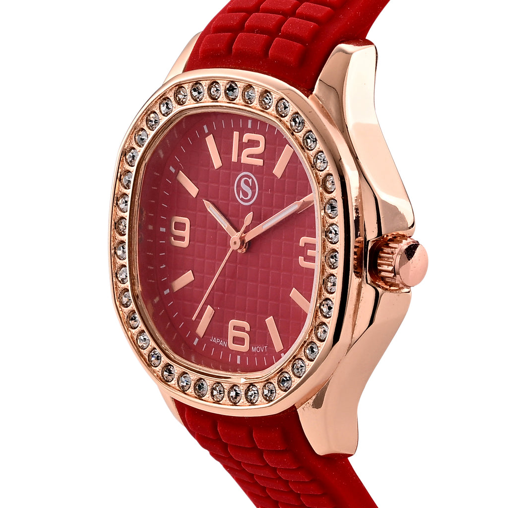 STRADA Classic PC21S Japan Movement Water Resistant Red Hydraulic Literal Dial & PNP Rose Gold Plating Unisex Watch with Red Silicone Strap_8545397_3