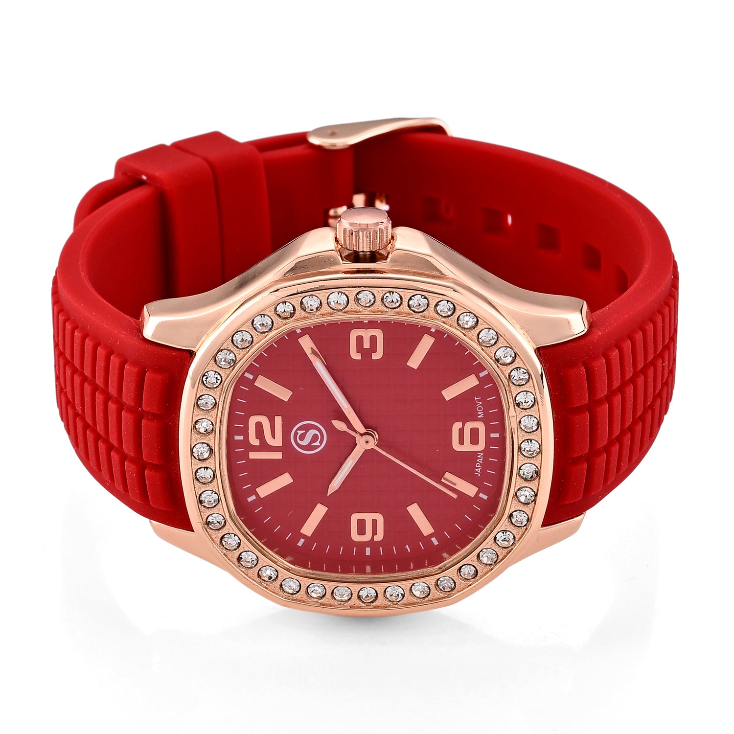 STRADA Classic PC21S Japan Movement Water Resistant Red Hydraulic Literal Dial &amp; PNP Rose Gold Plating Unisex Watch with Red Silicone Strap 8545397 4