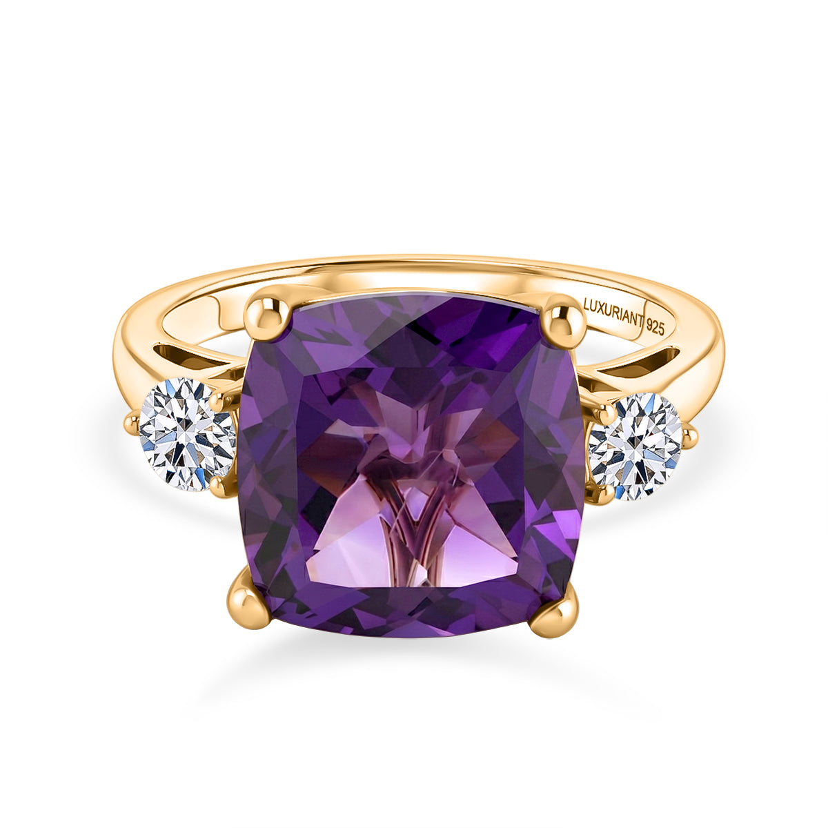 AAA African Amethyst &amp; Lab Grown Diamond (SI/G-H) Trilogy Ring in 18K Vermeil Yellow Gold Plated Sterling Silver 5.47 Ct. V32531767 0
