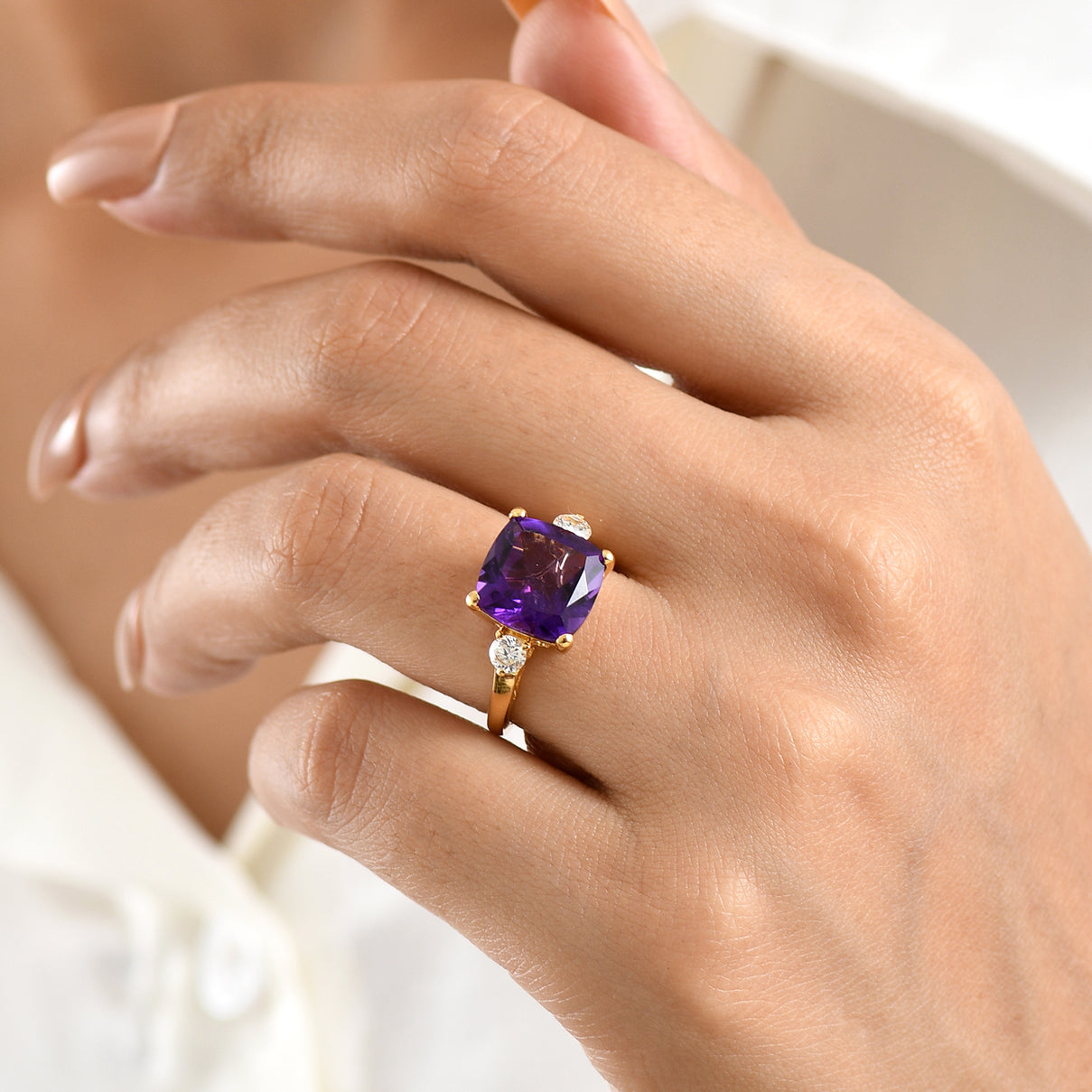 AAA African Amethyst &amp; Lab Grown Diamond (SI/G-H) Trilogy Ring in 18K Vermeil Yellow Gold Plated Sterling Silver 5.47 Ct. V32531767 2
