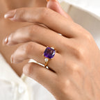 AAA African Amethyst & Lab Grown Diamond (SI/G-H) Trilogy Ring in 18K Vermeil Yellow Gold Plated Sterling Silver 5.47 Ct._8545603_1