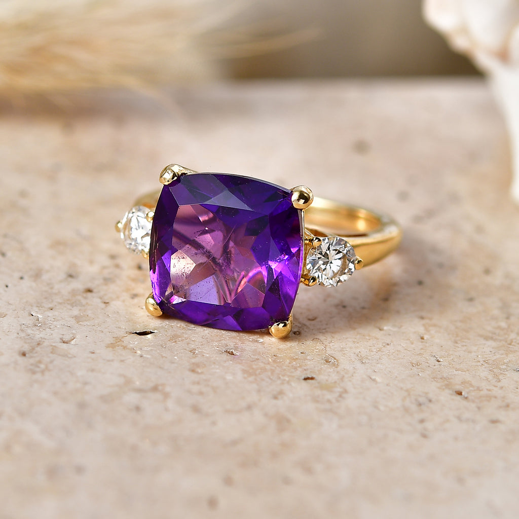 AAA African Amethyst & Lab Grown Diamond (SI/G-H) Trilogy Ring in 18K Vermeil Yellow Gold Plated Sterling Silver 5.47 Ct._8545603_2